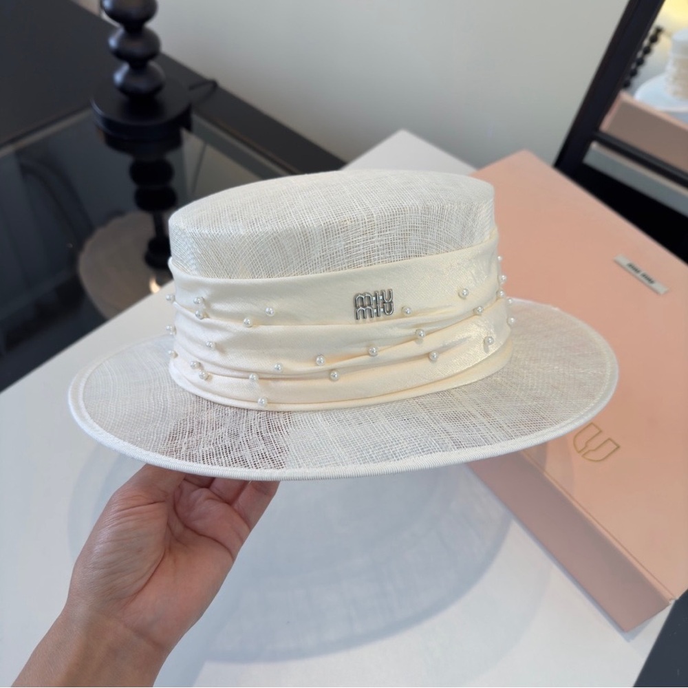 Miu Miu Ivory Pearl-Trim Straw Boater Hat